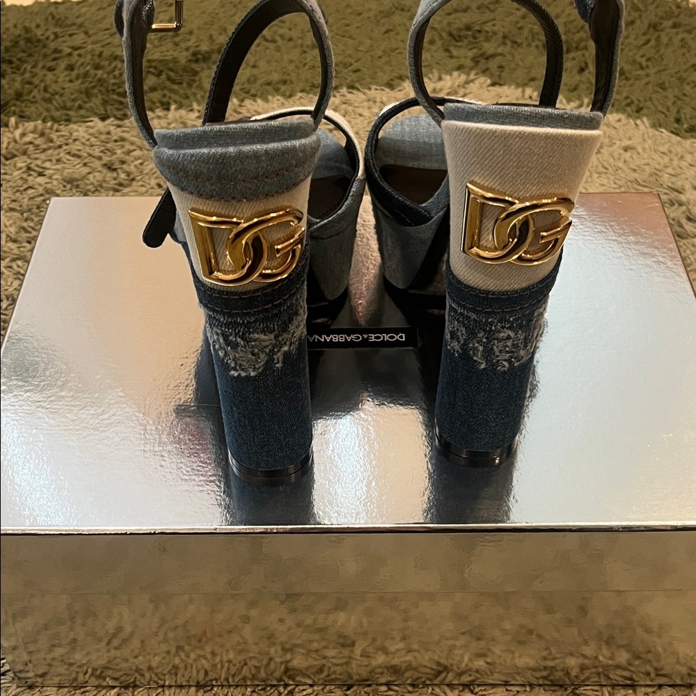 Dolce & Gabbana Blue Denim Heels with Gold Logo